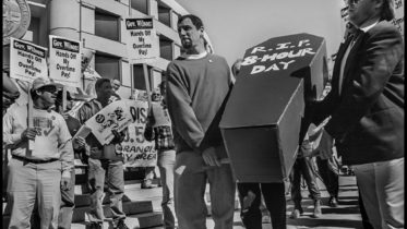 A protest in San Francisco against then-Gov. Pete Wilson’s successful efforts to diminish the amount of overtime that employers paid out.