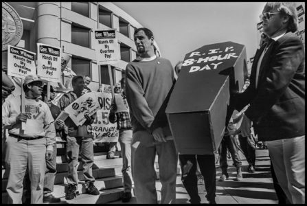 A protest in San Francisco against then-Gov. Pete Wilson’s successful efforts to diminish the amount of overtime that employers paid out.
