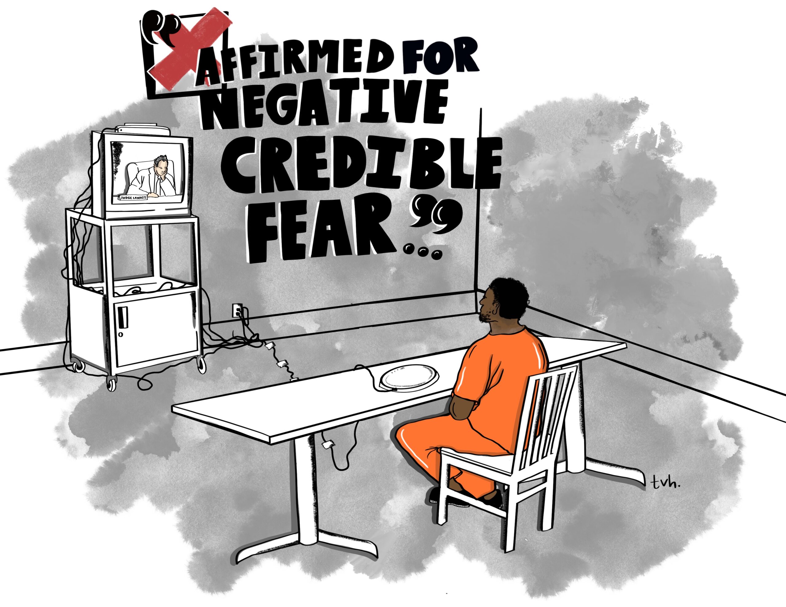 A drawing of a Black man in an orange jumpsuit sitting and facing a TV screen with a judge on it