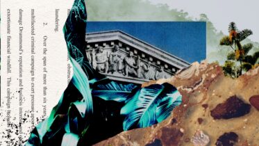 A collage showing a courthouse, environmental landscapes, and the text of a lawsuit.